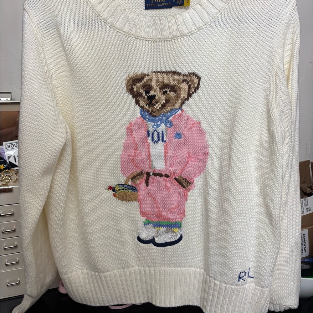 Ralph Lauren Cream Sweater with Pink Bear Motif